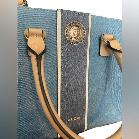 Aldo Tote Chambray Denim Convertible Satchel/Crossbody Handbag with Tan Accents - Picture 4 of 7